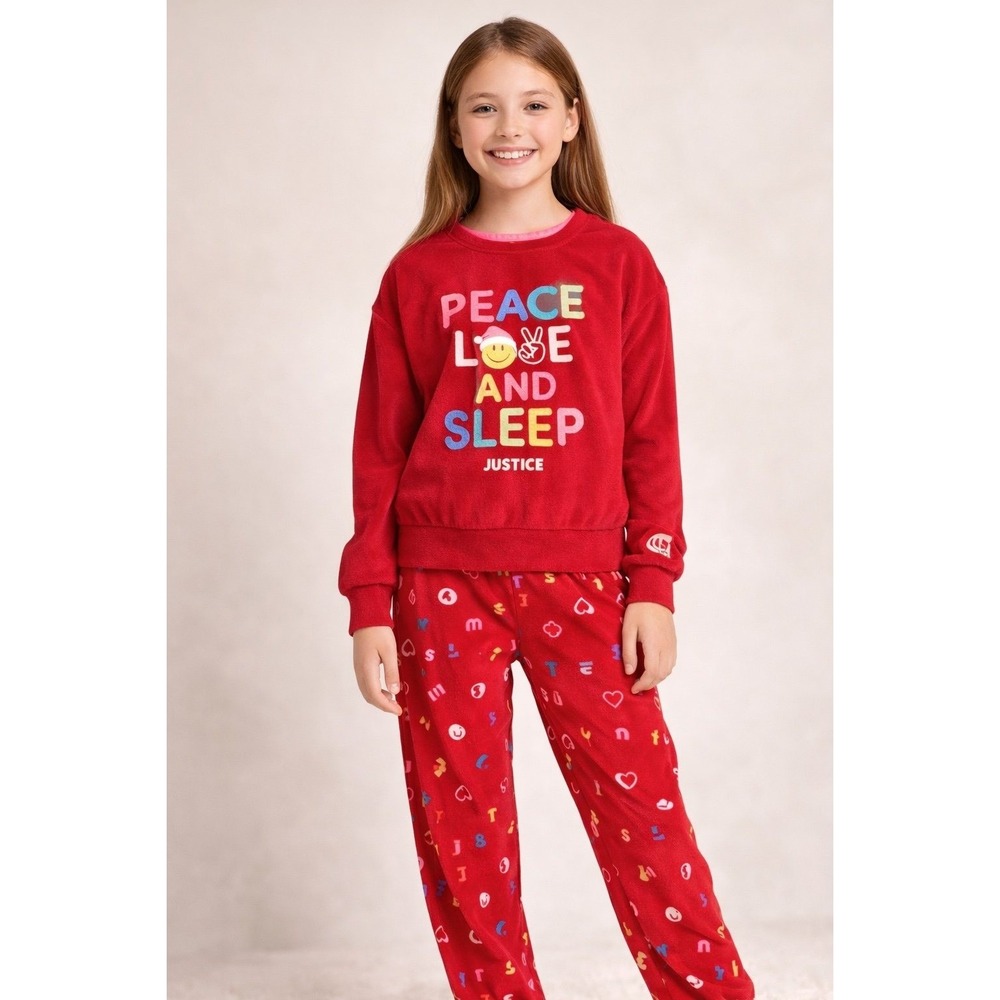 Justice Girls Red Fleece Pajama Set Peace Love Sleep Size M‎ Cozy